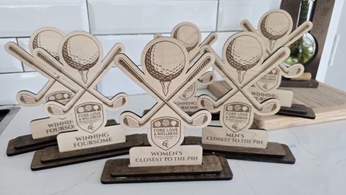 Custom laser engraved wood pickleball trophies for tournaments
