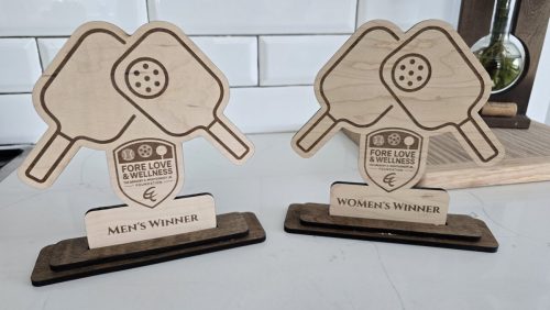 Personalized wood pickleball paddle trophies with crossed paddles