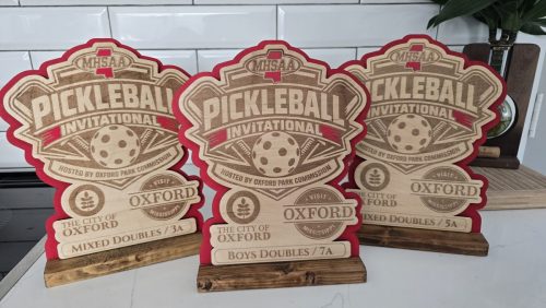 Wood pickleball paddle trophies, custom engraved, with bases